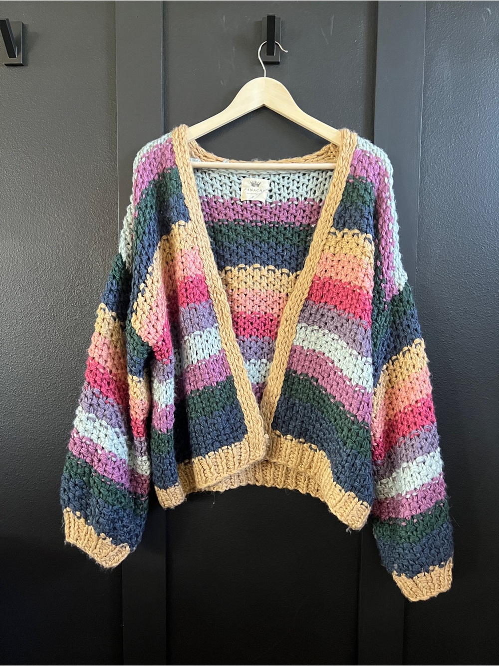 Panache Multicolor Striped Chunky Knit Cardigan with Mustard Trim